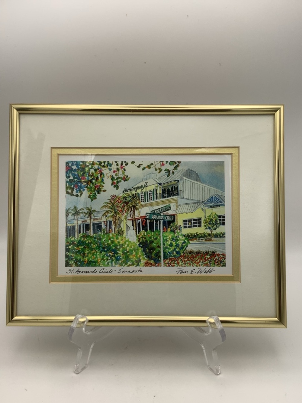 Framed Watercolor Print of Sarasota Florida by Artist Pam Webb with Gold Frame